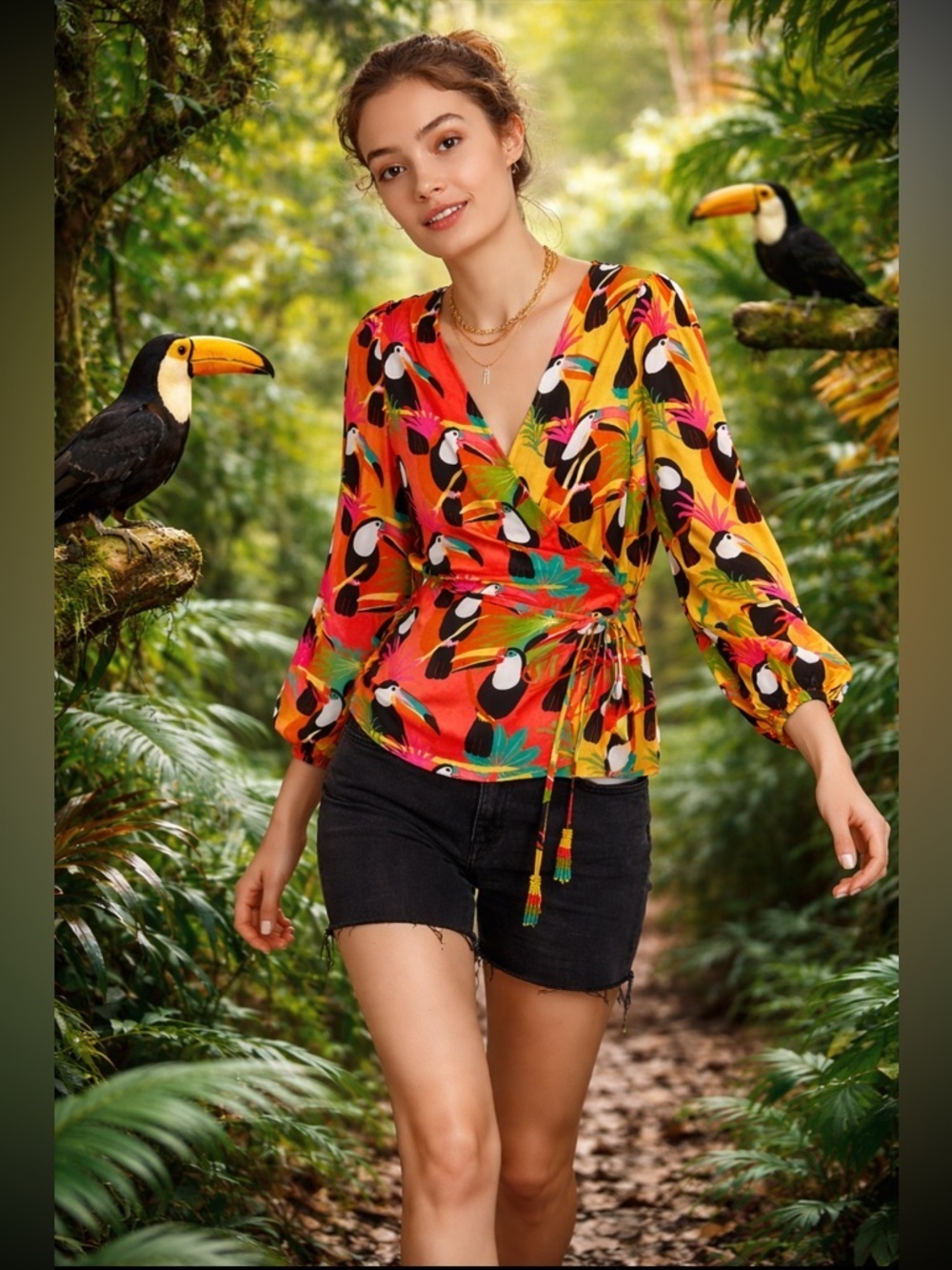 🎉RARE🎉Anthropologie NWT Farm Rio Rainforest Wrap Blouse Toucans Tropical Birds S